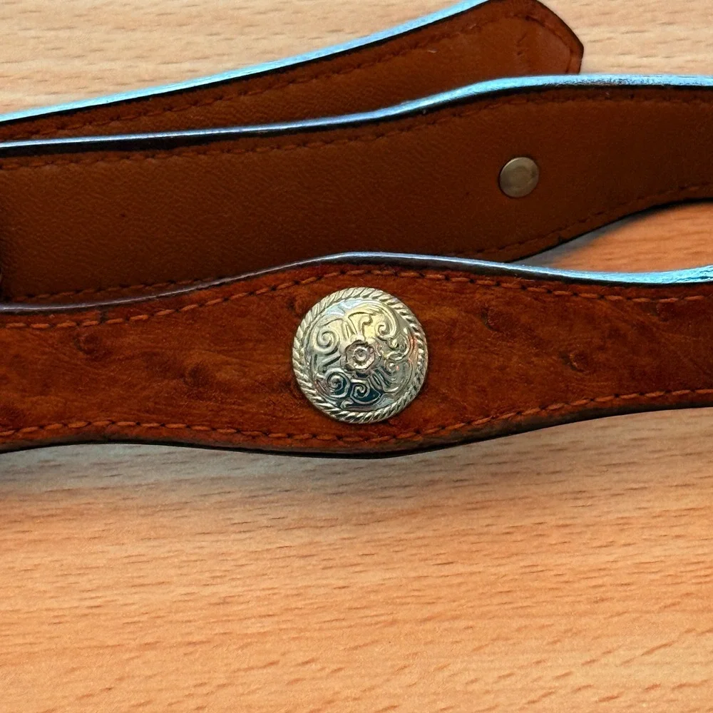 Western Scalloped Concho Belt Silver Engraved Buckle Brown Ostrich Print Large
